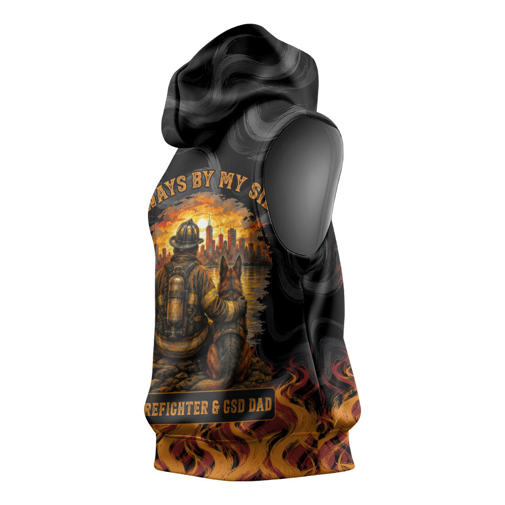 Firefighter German Shepherd Dad Sleeveless Hoodie Vintage Fire Flames Sunset City Skyline - Always By My Side
