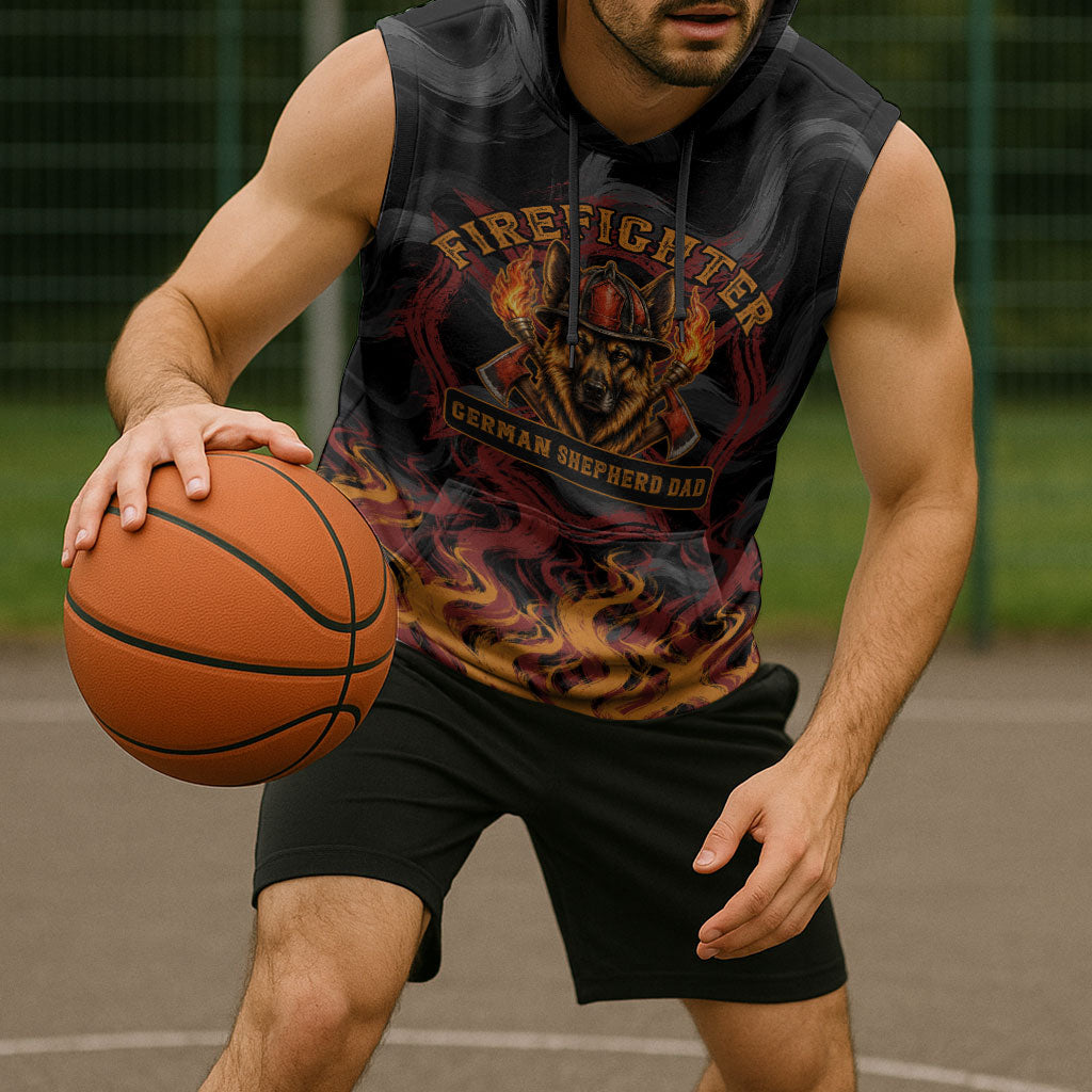 Firefighter German Shepherd Dad Sleeveless Hoodie Vintage Fire Flames Sunset City Skyline - Always By My Side