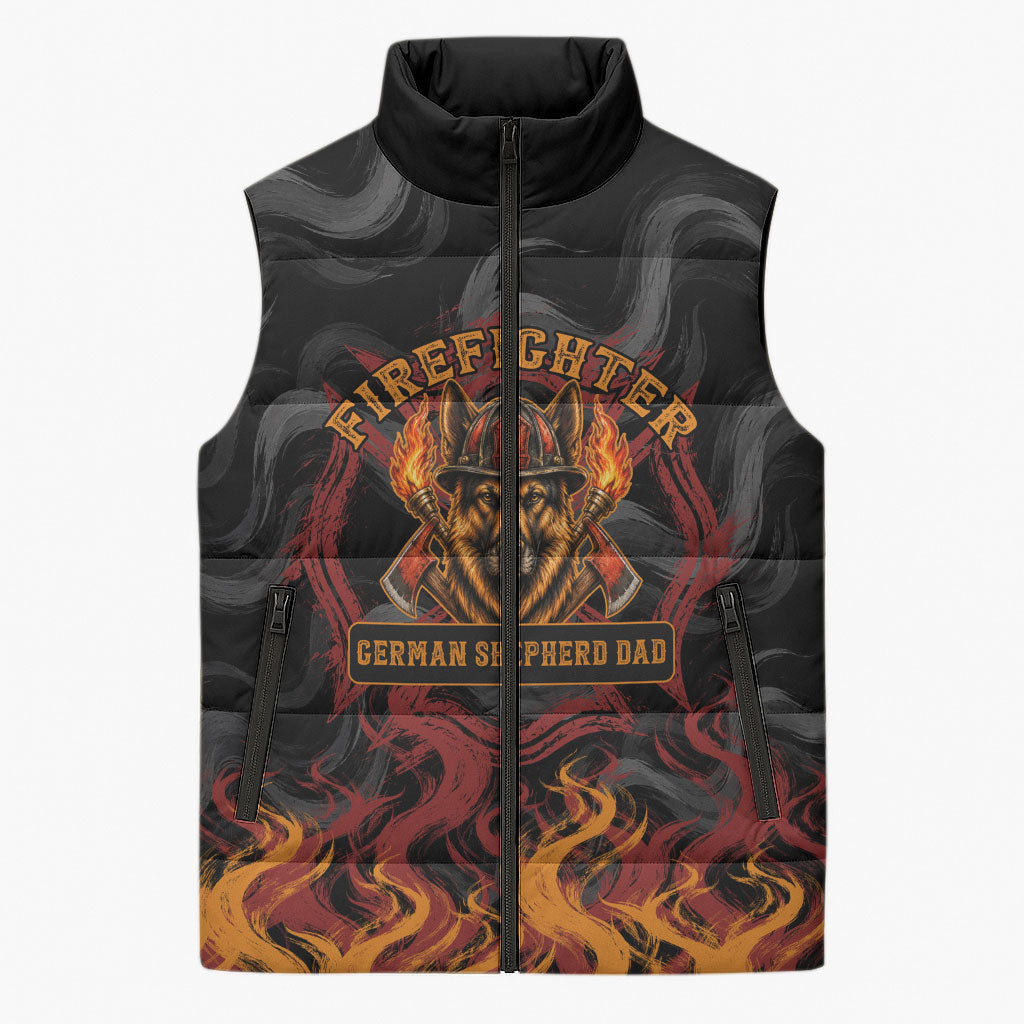 Firefighter German Shepherd Dad Sleeveless Puffer Jacket Vintage Fire Flames Sunset City Skyline - Always By My Side