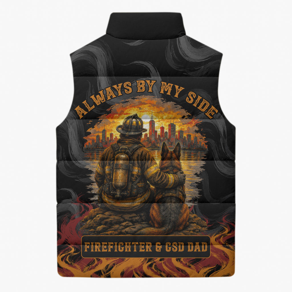 Firefighter German Shepherd Dad Sleeveless Puffer Jacket Vintage Fire Flames Sunset City Skyline - Always By My Side