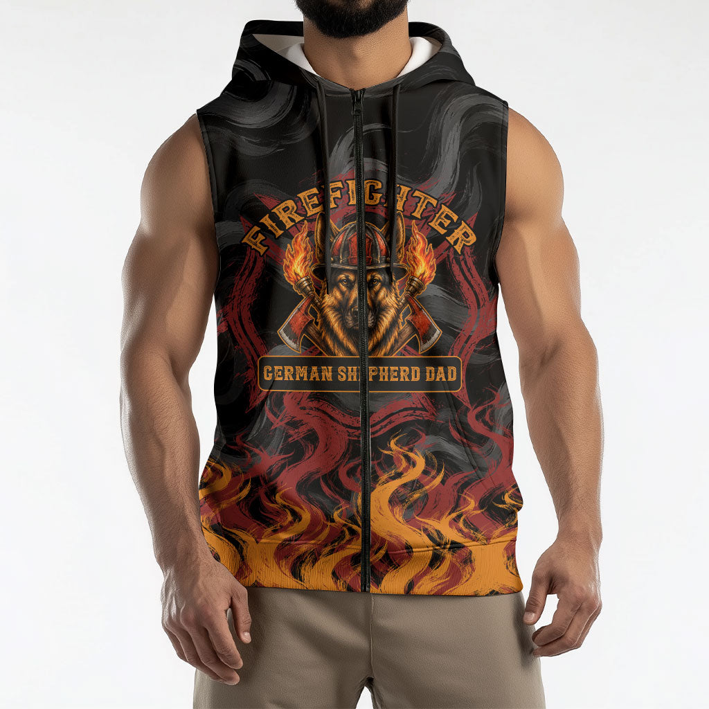 Firefighter German Shepherd Dad Sleeveless Zip Hoodie Vintage Fire Flames Sunset City Skyline - Always By My Side