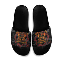 Firefighter German Shepherd Dad Slide Sandals Vintage Fire Flames Sunset City Skyline - Always By My Side