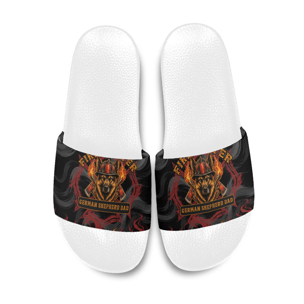 Firefighter German Shepherd Dad Slide Sandals Vintage Fire Flames Sunset City Skyline - Always By My Side