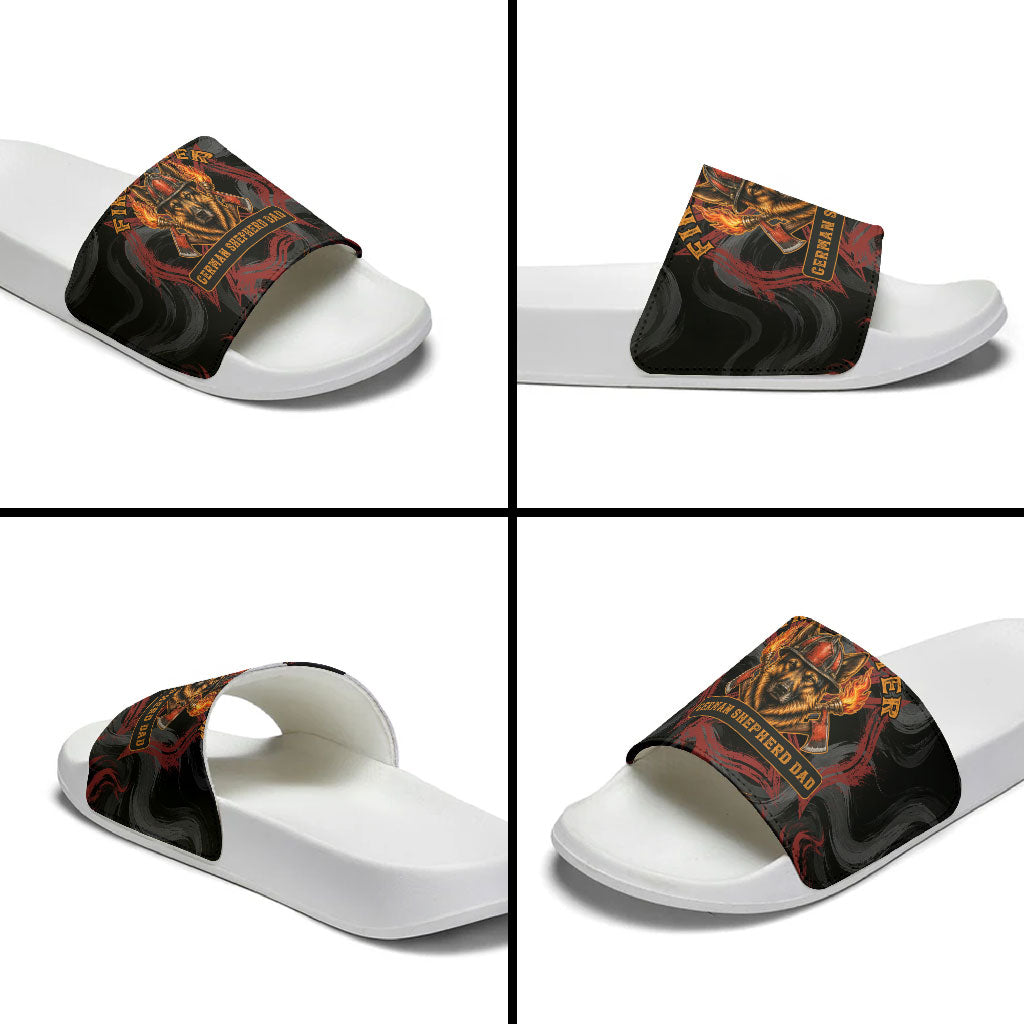 Firefighter German Shepherd Dad Slide Sandals Vintage Fire Flames Sunset City Skyline - Always By My Side