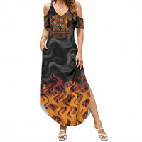 Firefighter German Shepherd Dad Summer Maxi Dress Vintage Fire Flames Sunset City Skyline - Always By My Side