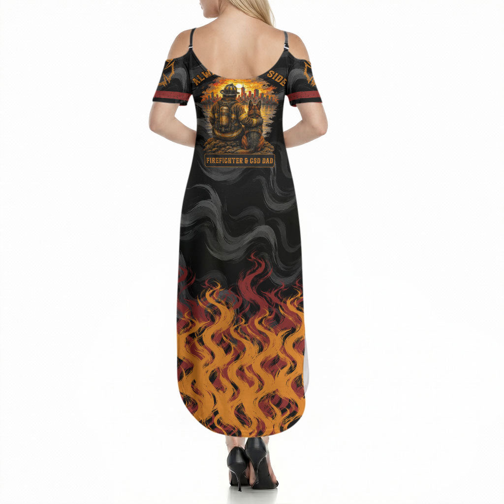 Firefighter German Shepherd Dad Summer Maxi Dress Vintage Fire Flames Sunset City Skyline - Always By My Side