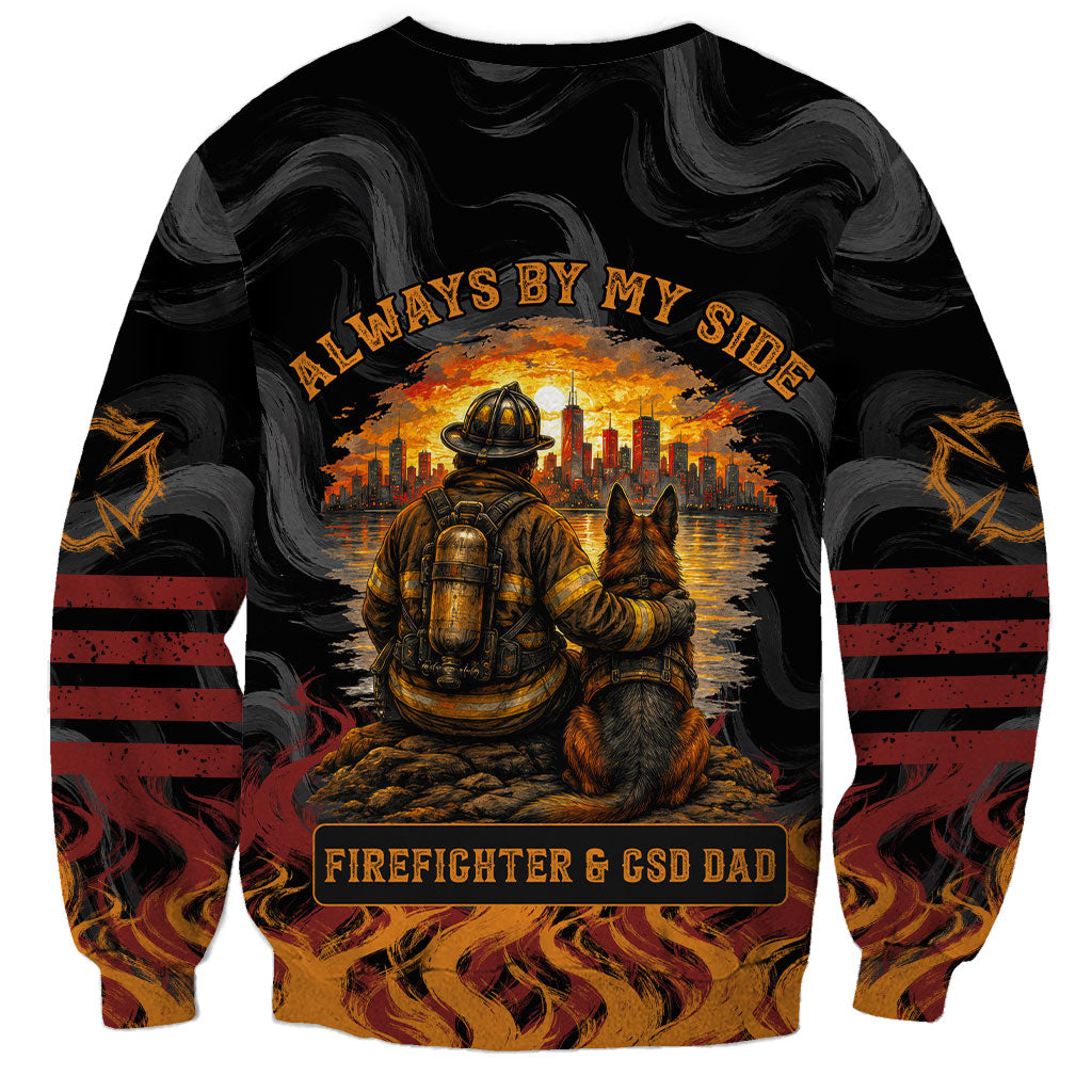 Firefighter German Shepherd Dad Sweatshirt Vintage Fire Flames Sunset City Skyline - Always By My Side