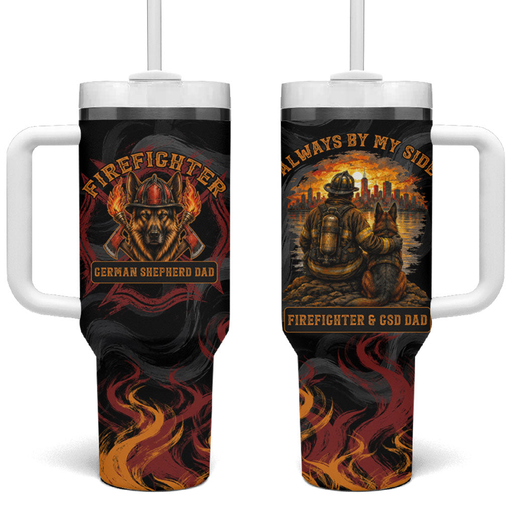 Firefighter German Shepherd Dad Tumbler With Handle Vintage Fire Flames Sunset City Skyline - Always By My Side