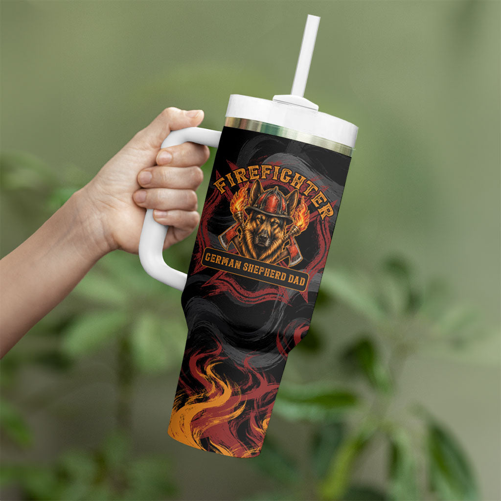 Firefighter German Shepherd Dad Tumbler With Handle Vintage Fire Flames Sunset City Skyline - Always By My Side
