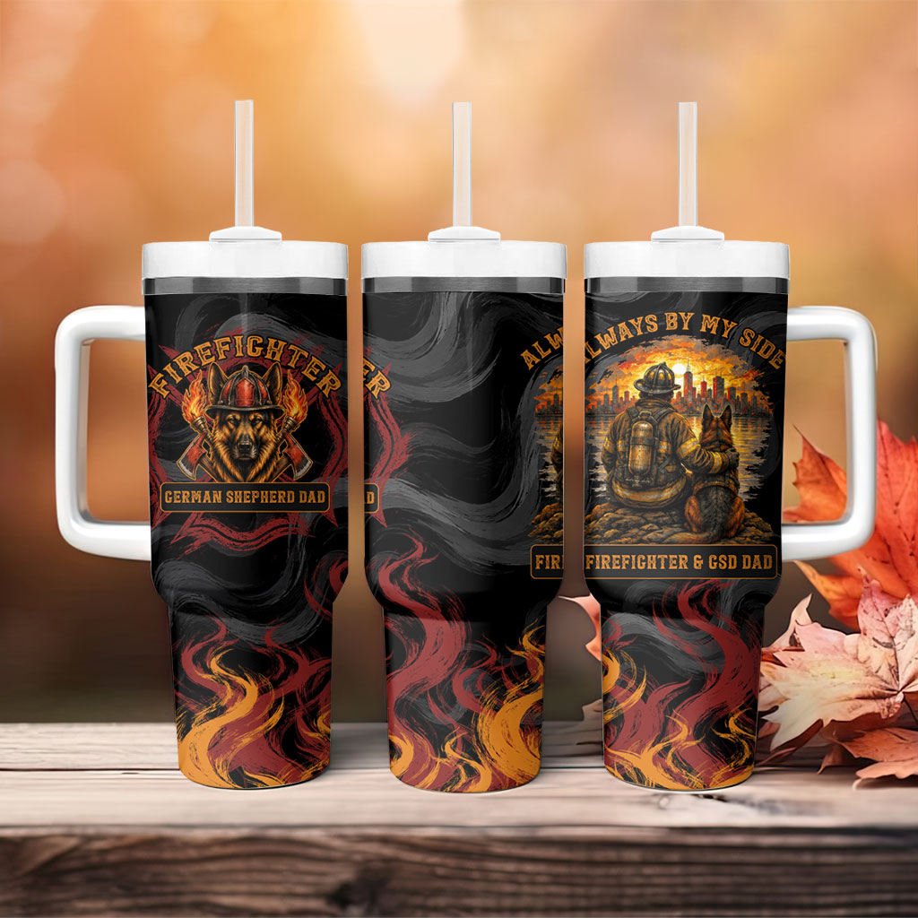 Firefighter German Shepherd Dad Tumbler With Handle Vintage Fire Flames Sunset City Skyline - Always By My Side