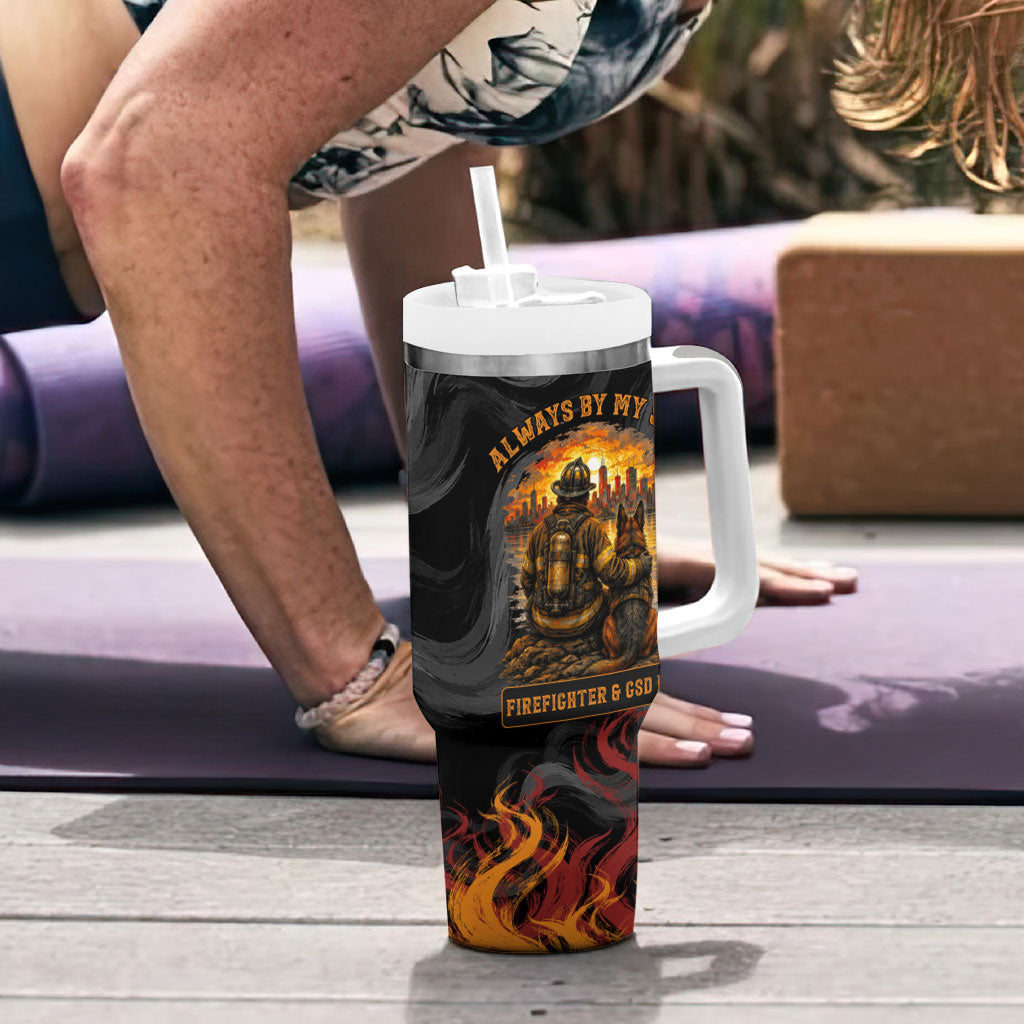 Firefighter German Shepherd Dad Tumbler With Handle Vintage Fire Flames Sunset City Skyline - Always By My Side