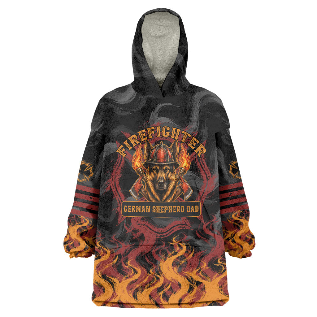 Firefighter German Shepherd Dad Wearable Blanket Hoodie Vintage Fire Flames Sunset City Skyline - Always By My Side