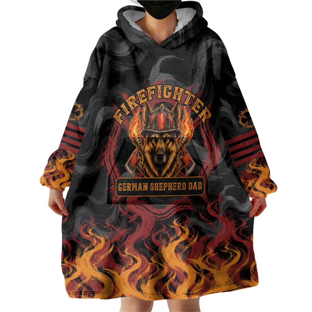 Firefighter German Shepherd Dad Wearable Blanket Hoodie Vintage Fire Flames Sunset City Skyline - Always By My Side