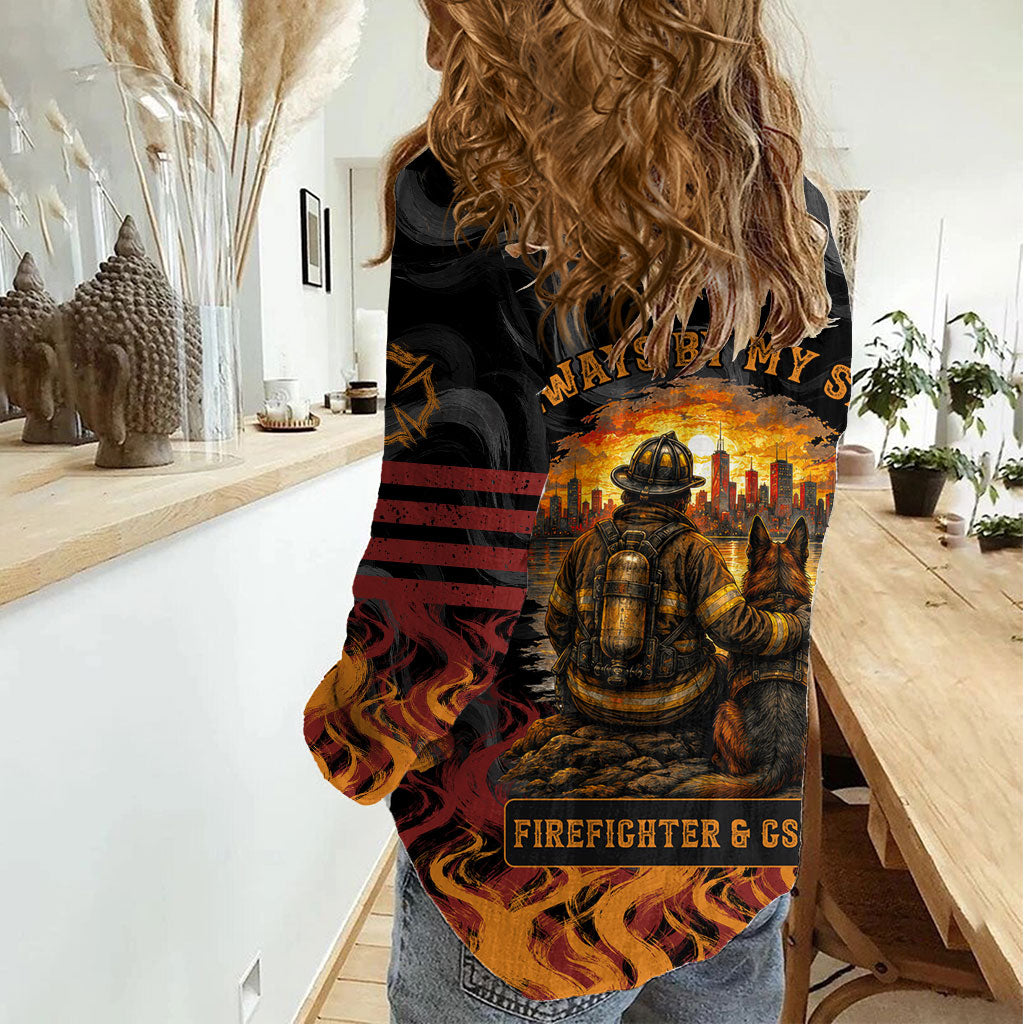 Firefighter German Shepherd Dad Women Casual Shirt Vintage Fire Flames Sunset City Skyline - Always By My Side