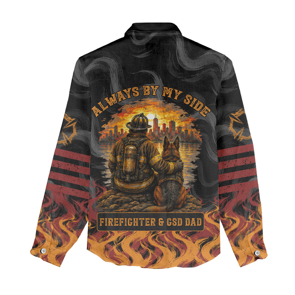 Firefighter German Shepherd Dad Women Casual Shirt Vintage Fire Flames Sunset City Skyline - Always By My Side