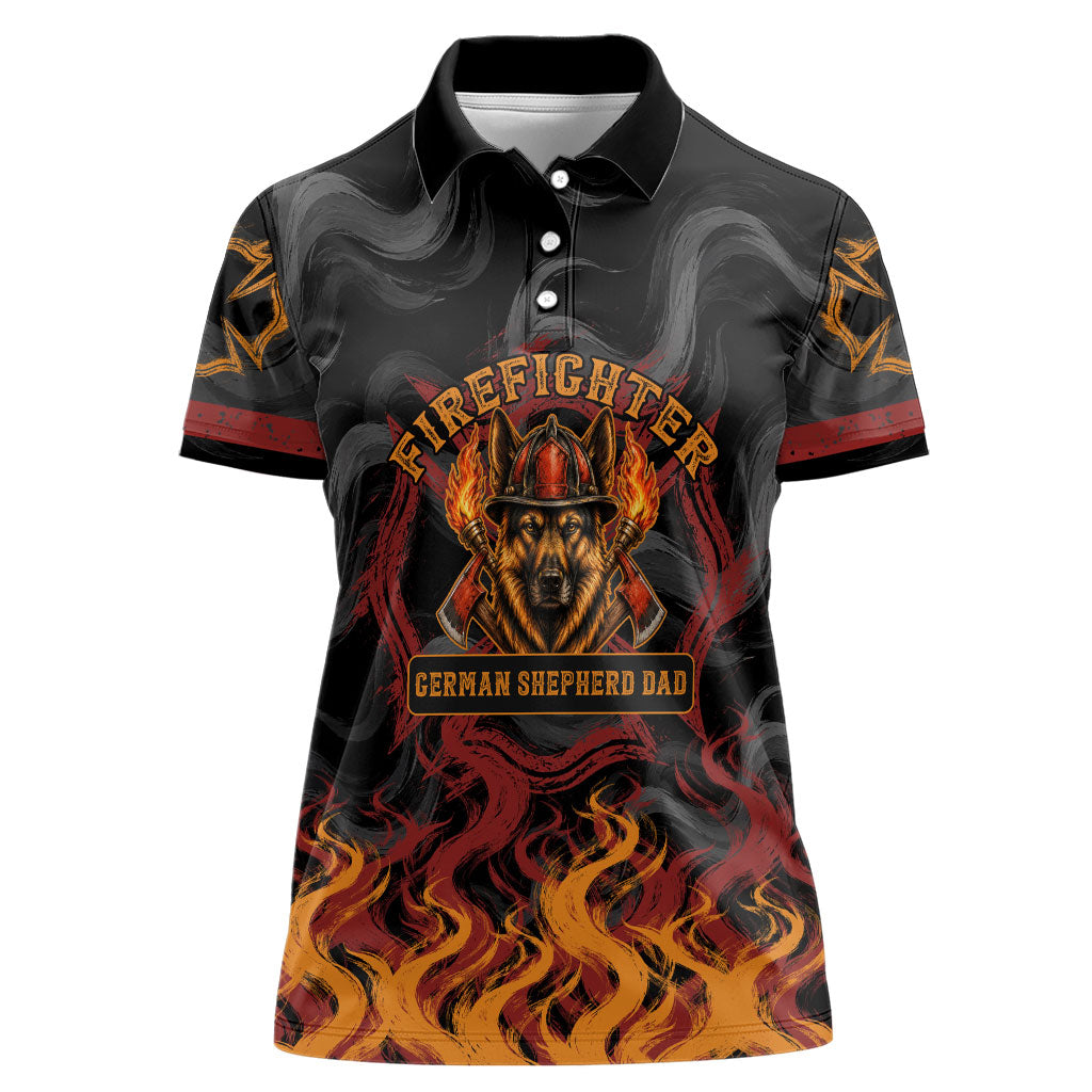 Firefighter German Shepherd Dad Women Polo Shirt Vintage Fire Flames Sunset City Skyline - Always By My Side