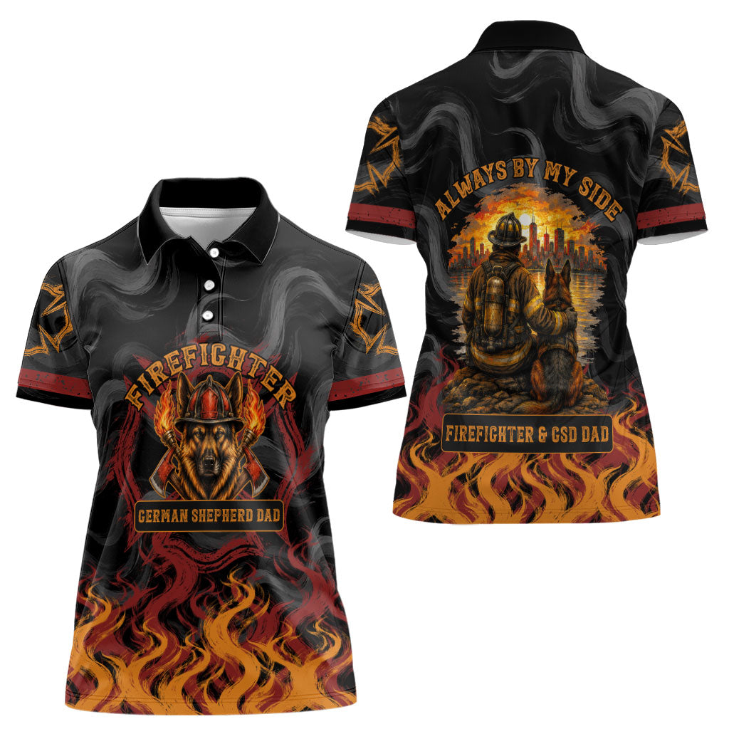 Firefighter German Shepherd Dad Women Polo Shirt Vintage Fire Flames Sunset City Skyline - Always By My Side