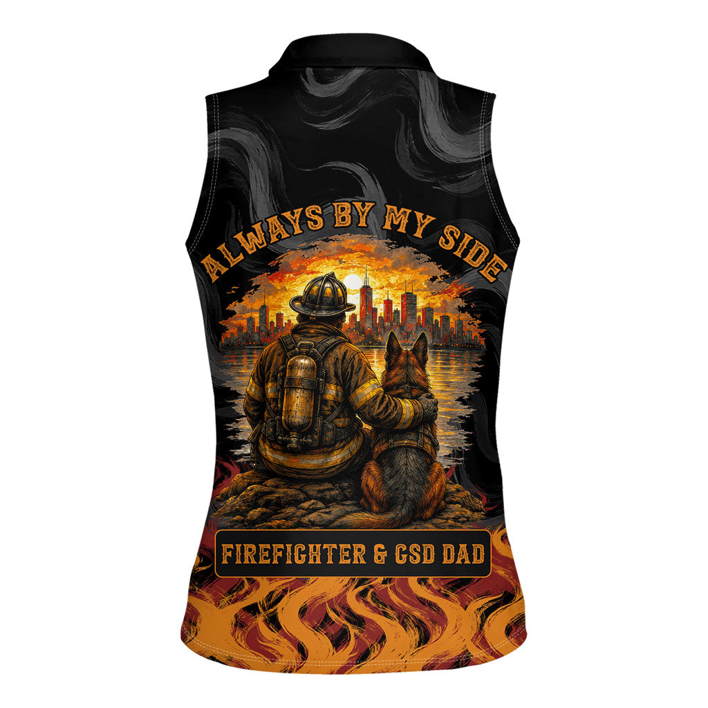 Firefighter German Shepherd Dad Women Sleeveless Polo Shirt Vintage Fire Flames Sunset City Skyline - Always By My Side