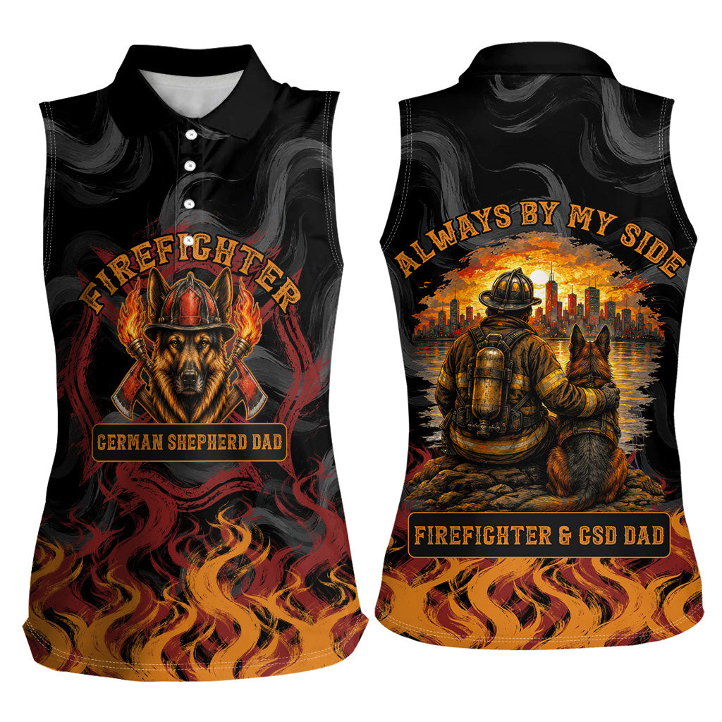 Firefighter German Shepherd Dad Women Sleeveless Polo Shirt Vintage Fire Flames Sunset City Skyline - Always By My Side