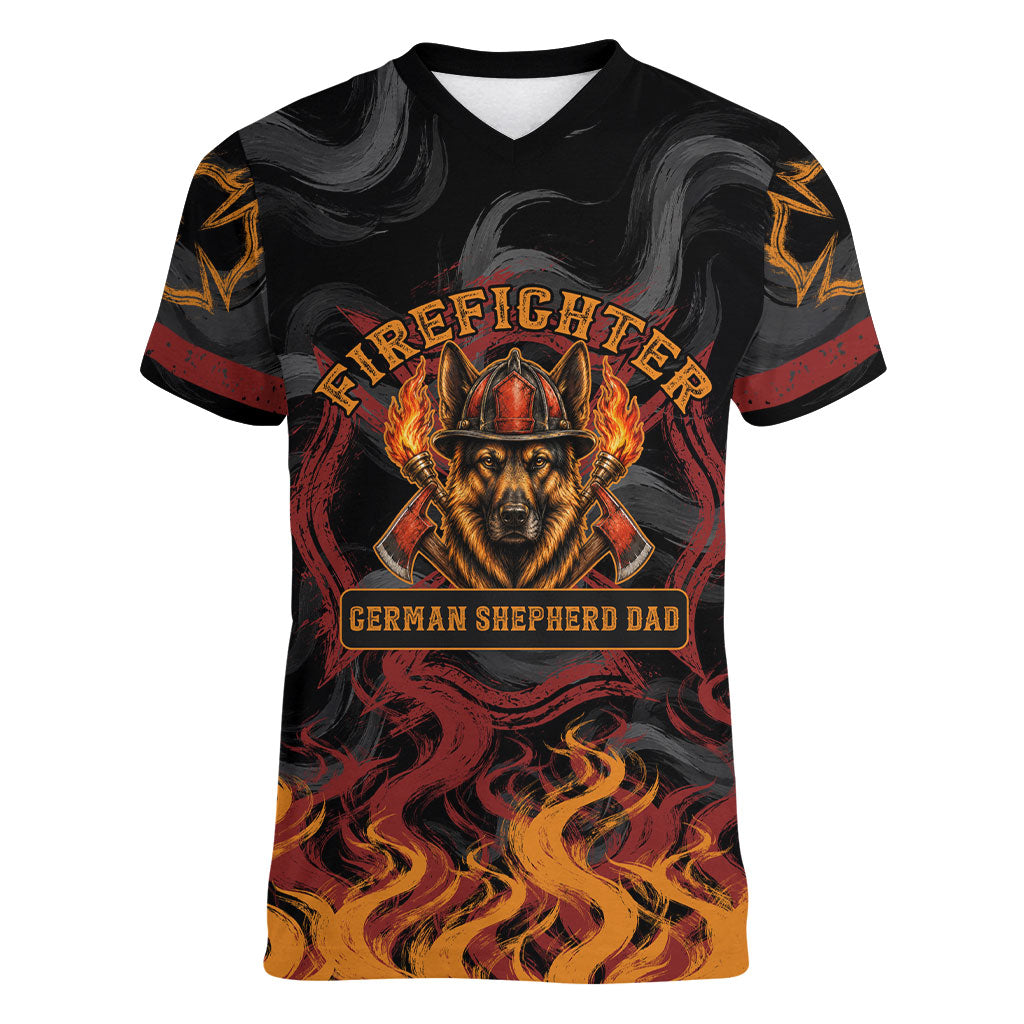 Firefighter German Shepherd Dad Women V-Neck T-Shirt Vintage Fire Flames Sunset City Skyline - Always By My Side