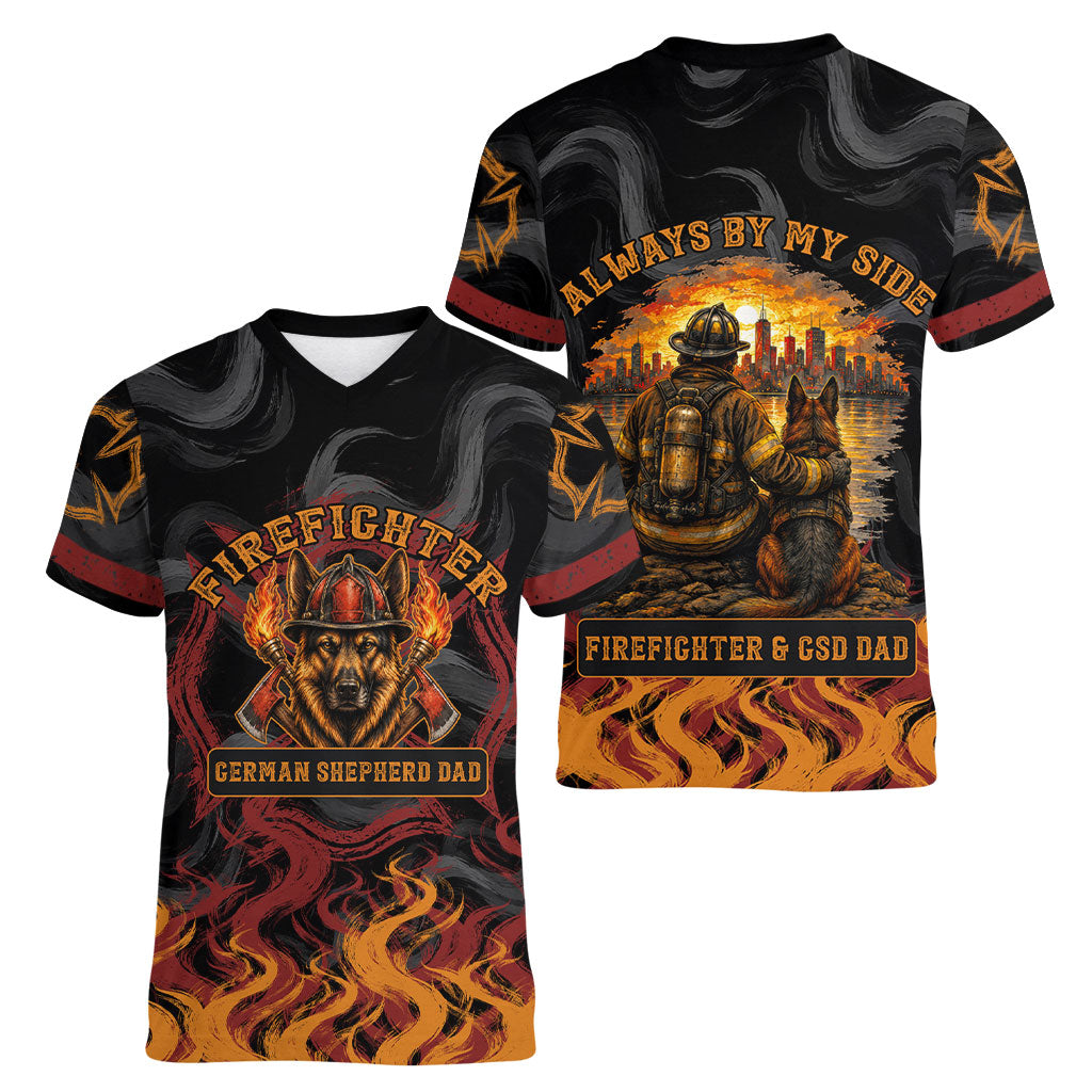 Firefighter German Shepherd Dad Women V-Neck T-Shirt Vintage Fire Flames Sunset City Skyline - Always By My Side