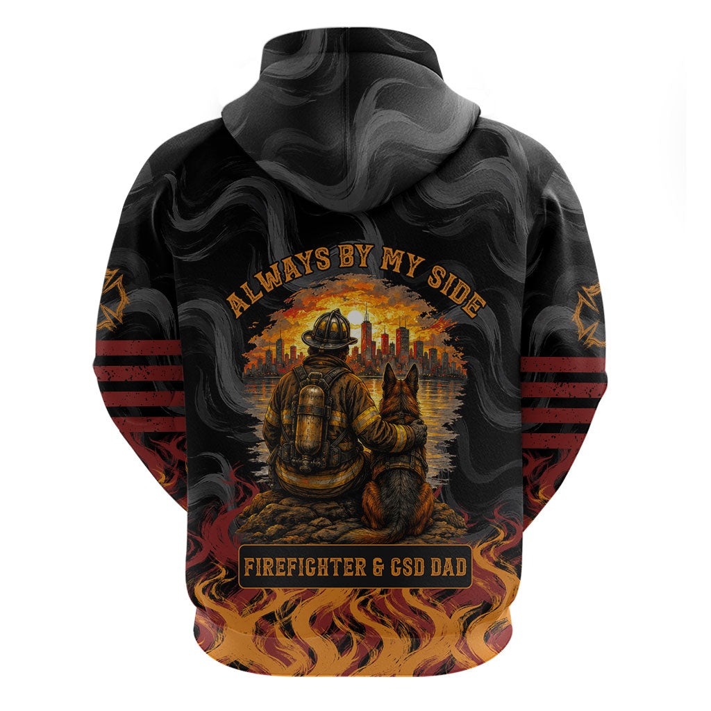 Firefighter German Shepherd Dad Zip Hoodie Vintage Fire Flames Sunset City Skyline - Always By My Side