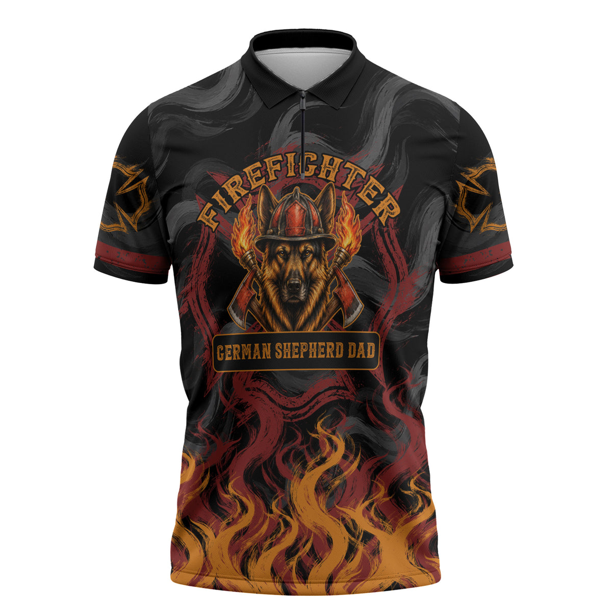 Firefighter German Shepherd Dad Zipper Polo Shirt Vintage Fire Flames Sunset City Skyline - Always By My Side