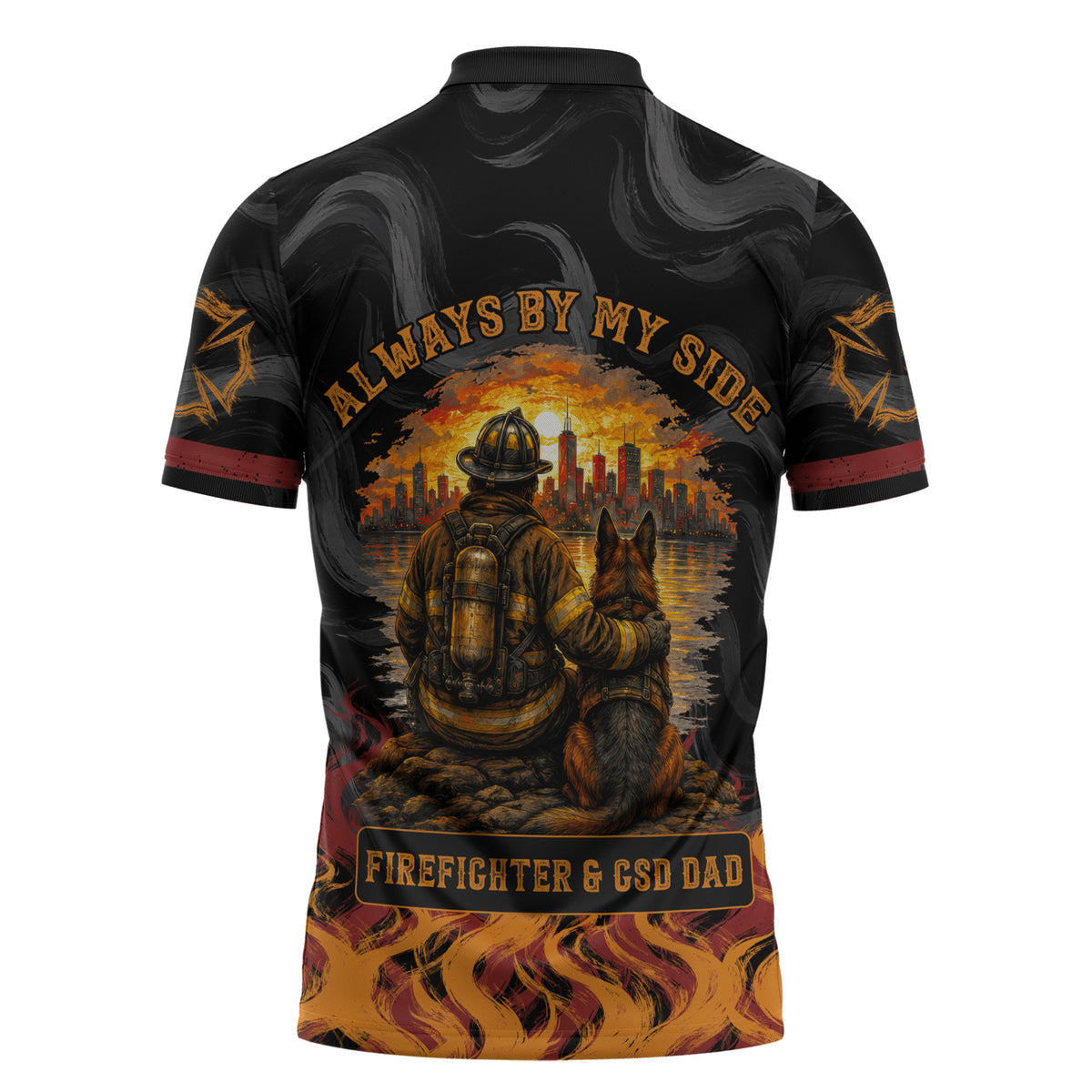 Firefighter German Shepherd Dad Zipper Polo Shirt Vintage Fire Flames Sunset City Skyline - Always By My Side