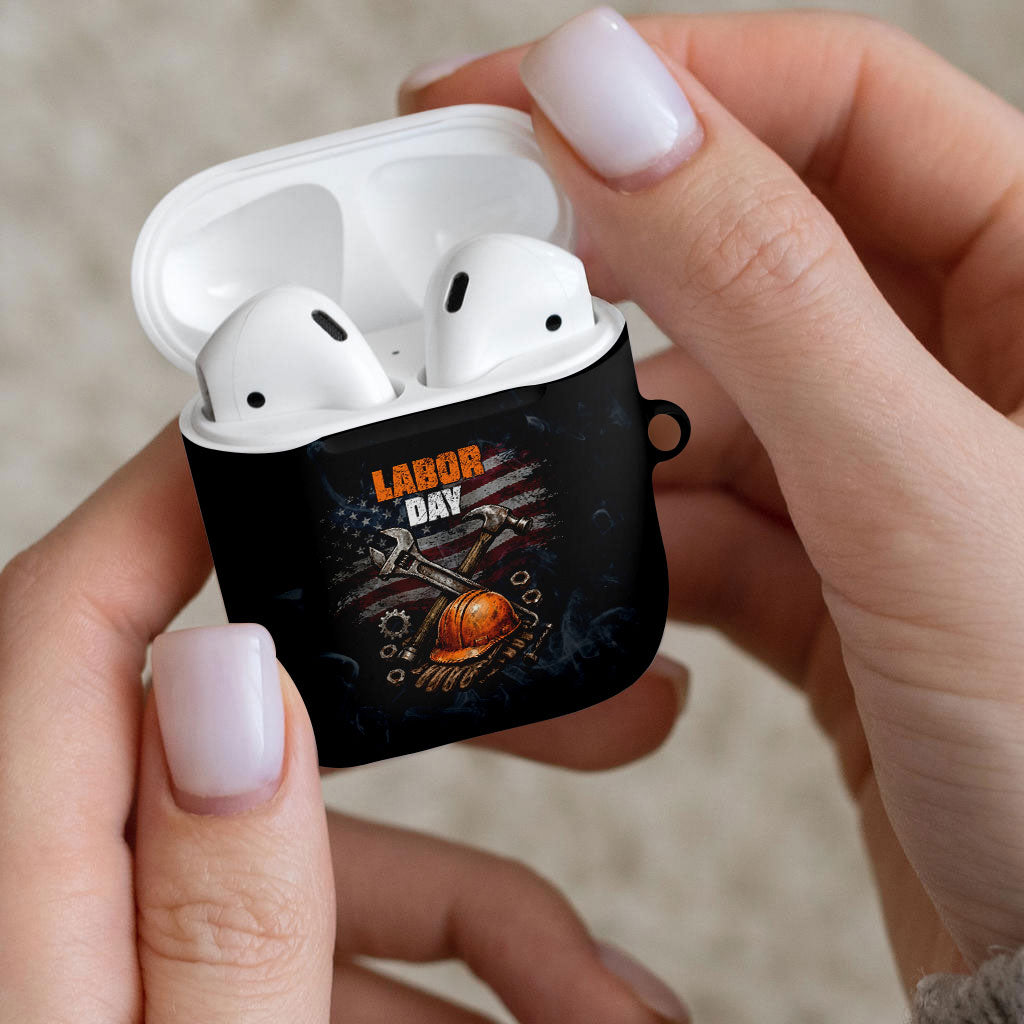 Labor Day AirPods Case Strong Hands Build Nations Patriotic Grunge Tools