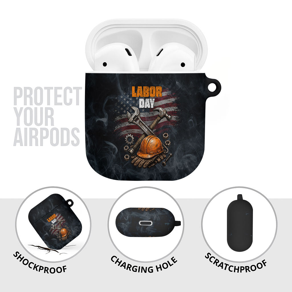 Labor Day AirPods Case Strong Hands Build Nations Patriotic Grunge Tools