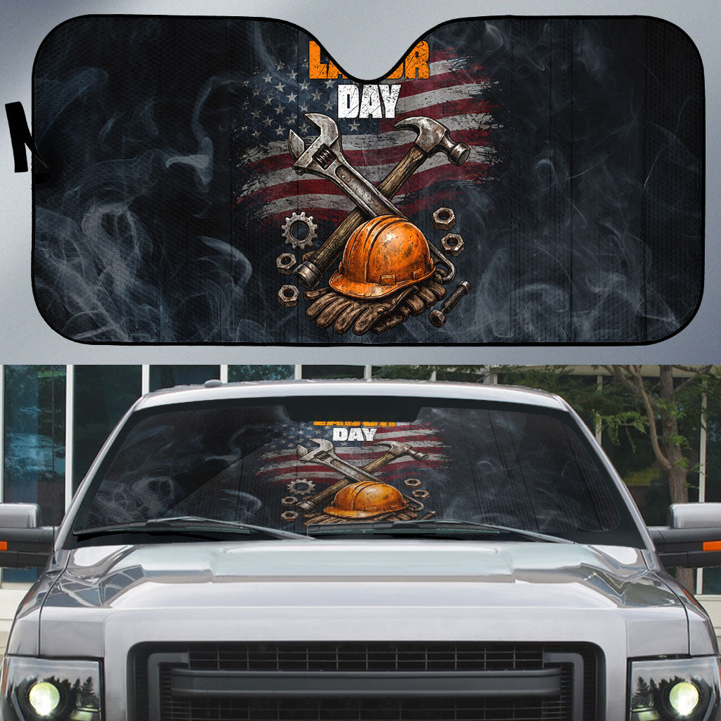 Labor Day Auto Sun Shade Strong Hands Build Nations Patriotic Grunge Tools