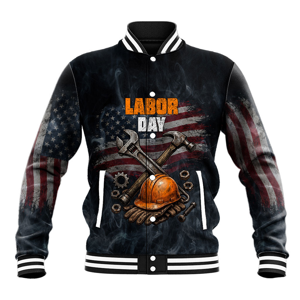 Labor Day Baseball Jacket Strong Hands Build Nations Patriotic Grunge Tools