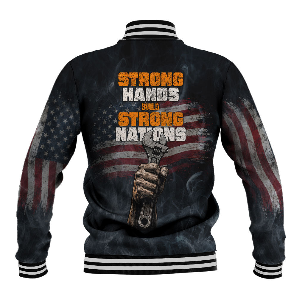 Labor Day Baseball Jacket Strong Hands Build Nations Patriotic Grunge Tools