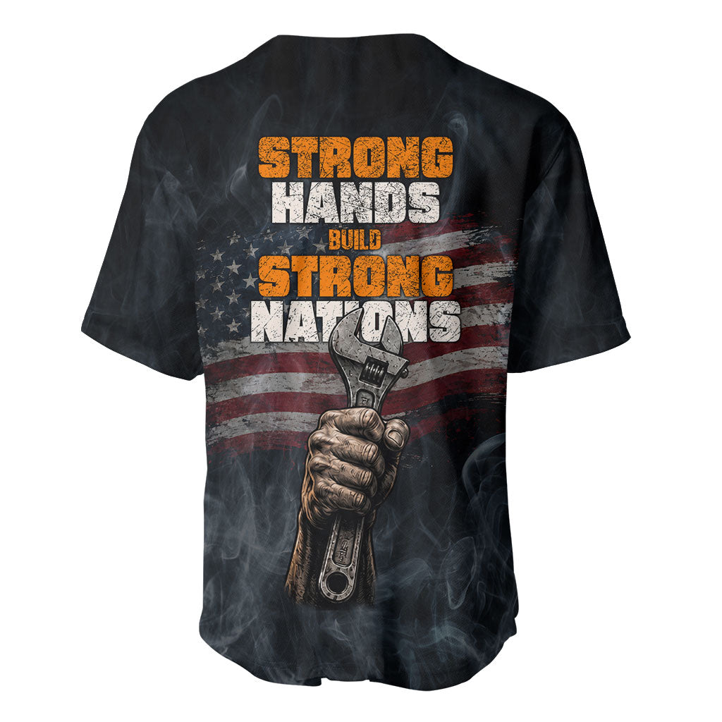 Labor Day Baseball Jersey Strong Hands Build Nations Patriotic Grunge Tools