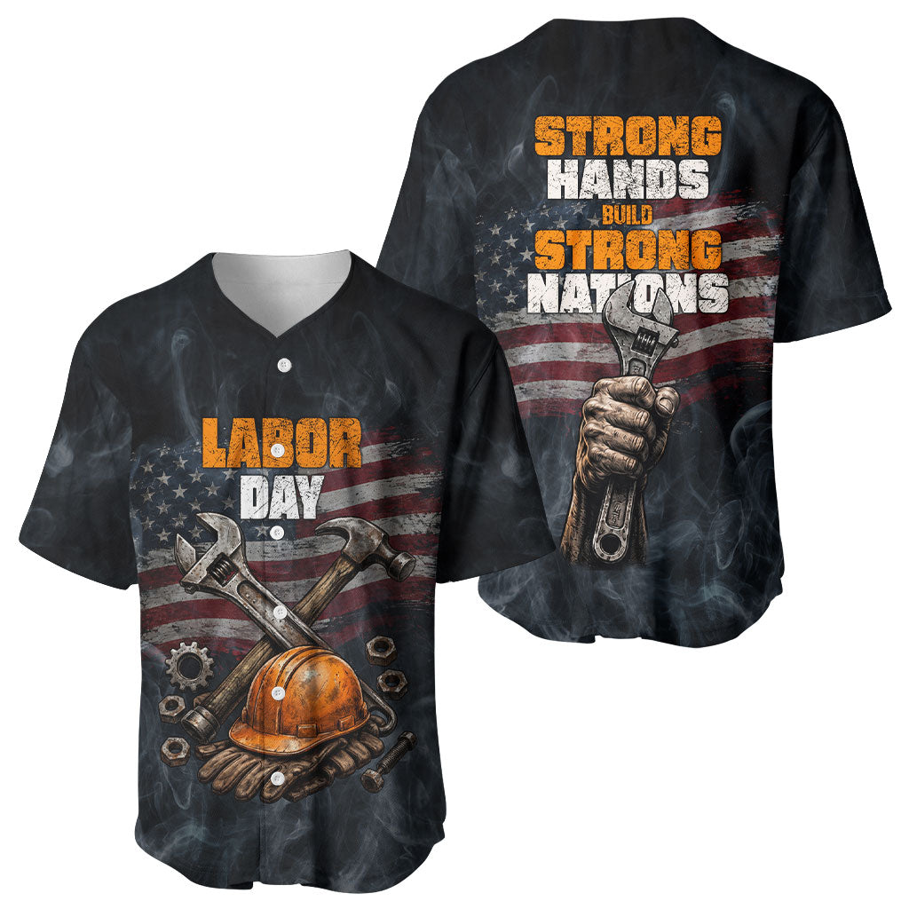 Labor Day Baseball Jersey Strong Hands Build Nations Patriotic Grunge Tools
