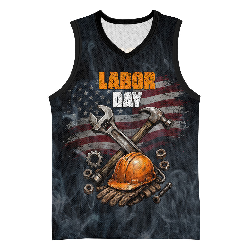 Labor Day Basketball Jersey Strong Hands Build Nations Patriotic Grunge Tools