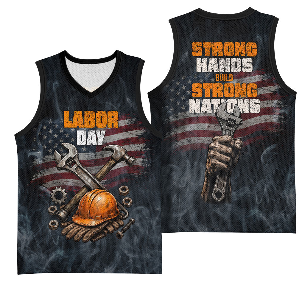 Labor Day Basketball Jersey Strong Hands Build Nations Patriotic Grunge Tools