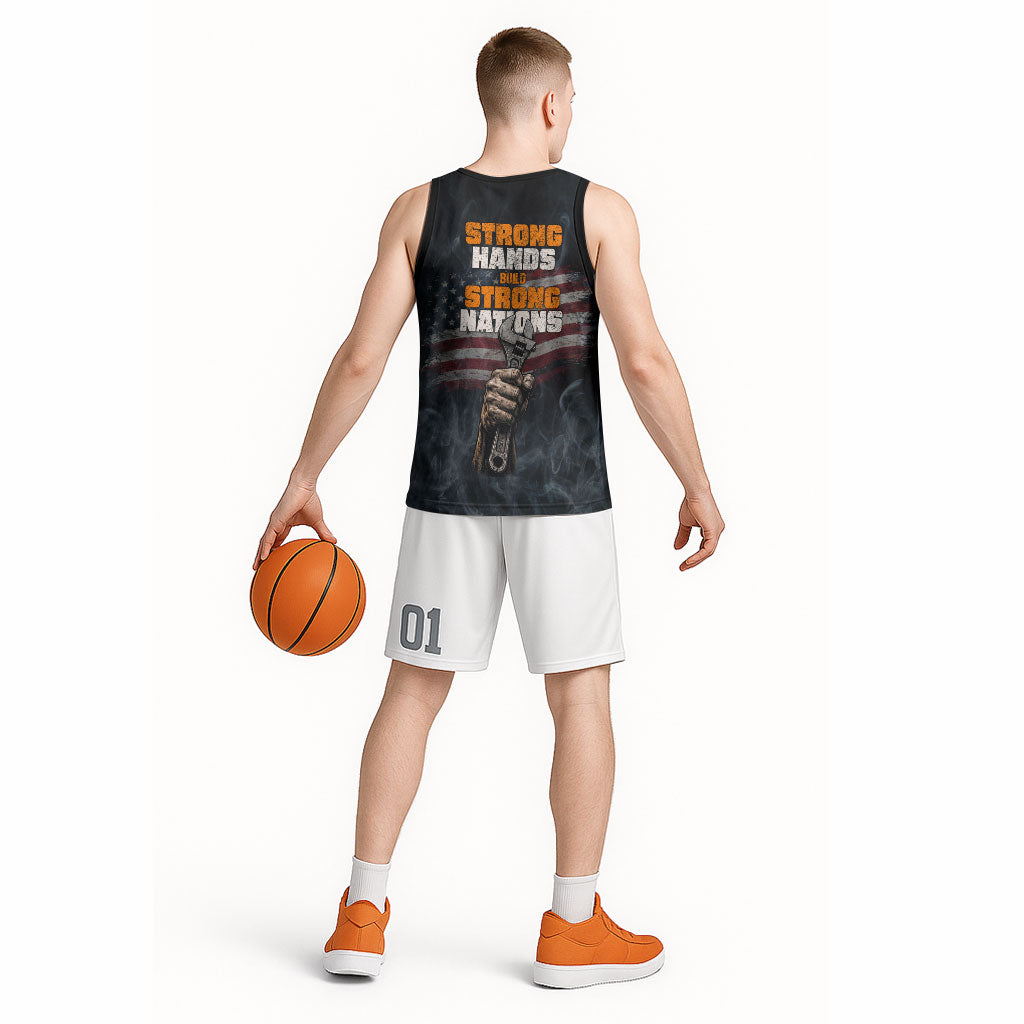 Labor Day Basketball Jersey Strong Hands Build Nations Patriotic Grunge Tools