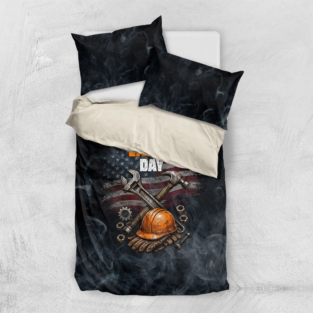 Labor Day Bedding Set Strong Hands Build Nations Patriotic Grunge Tools