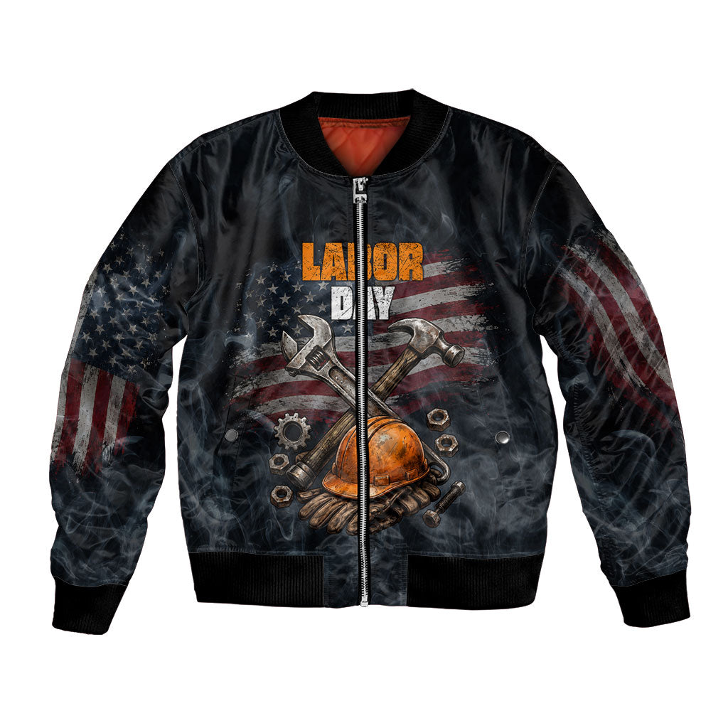Labor Day Bomber Jacket Strong Hands Build Nations Patriotic Grunge Tools