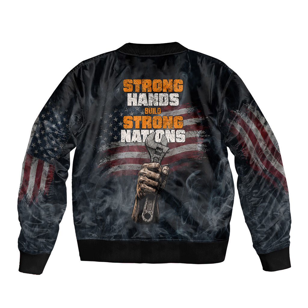Labor Day Bomber Jacket Strong Hands Build Nations Patriotic Grunge Tools