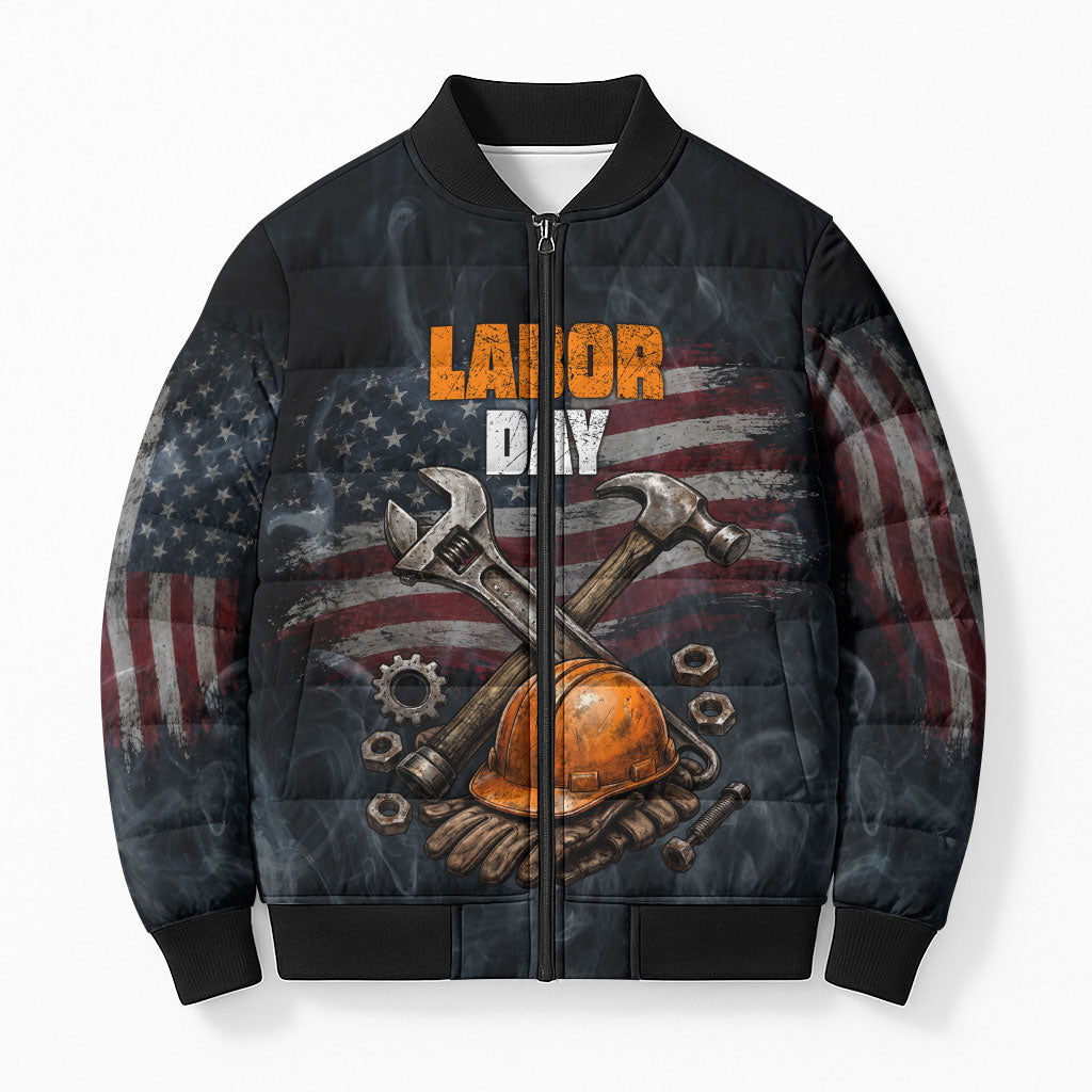 Labor Day Bomber Puffer Jacket Strong Hands Build Nations Patriotic Grunge Tools