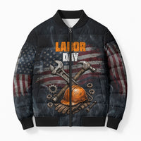 Labor Day Bomber Puffer Jacket Strong Hands Build Nations Patriotic Grunge Tools