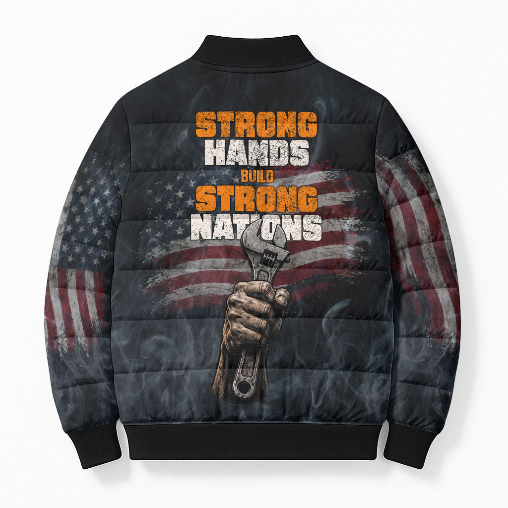 Labor Day Bomber Puffer Jacket Strong Hands Build Nations Patriotic Grunge Tools
