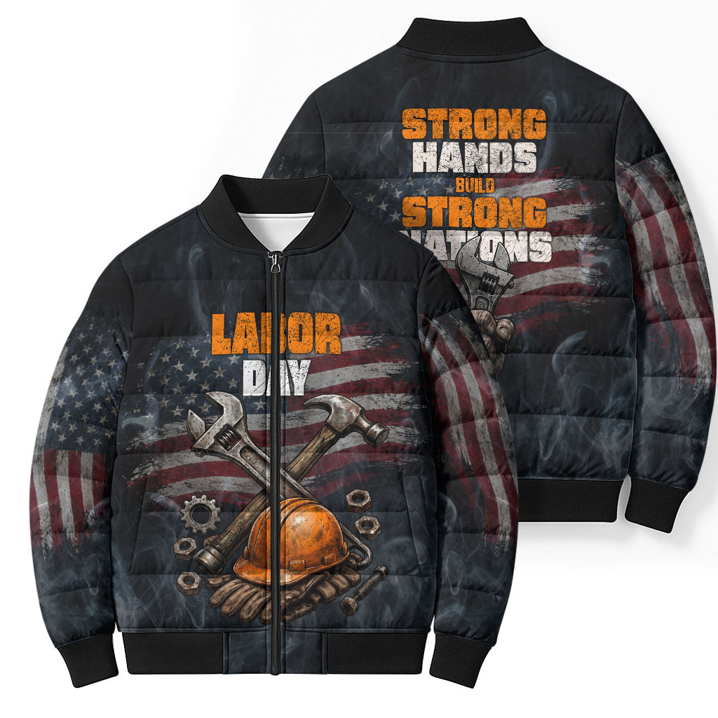 Labor Day Bomber Puffer Jacket Strong Hands Build Nations Patriotic Grunge Tools