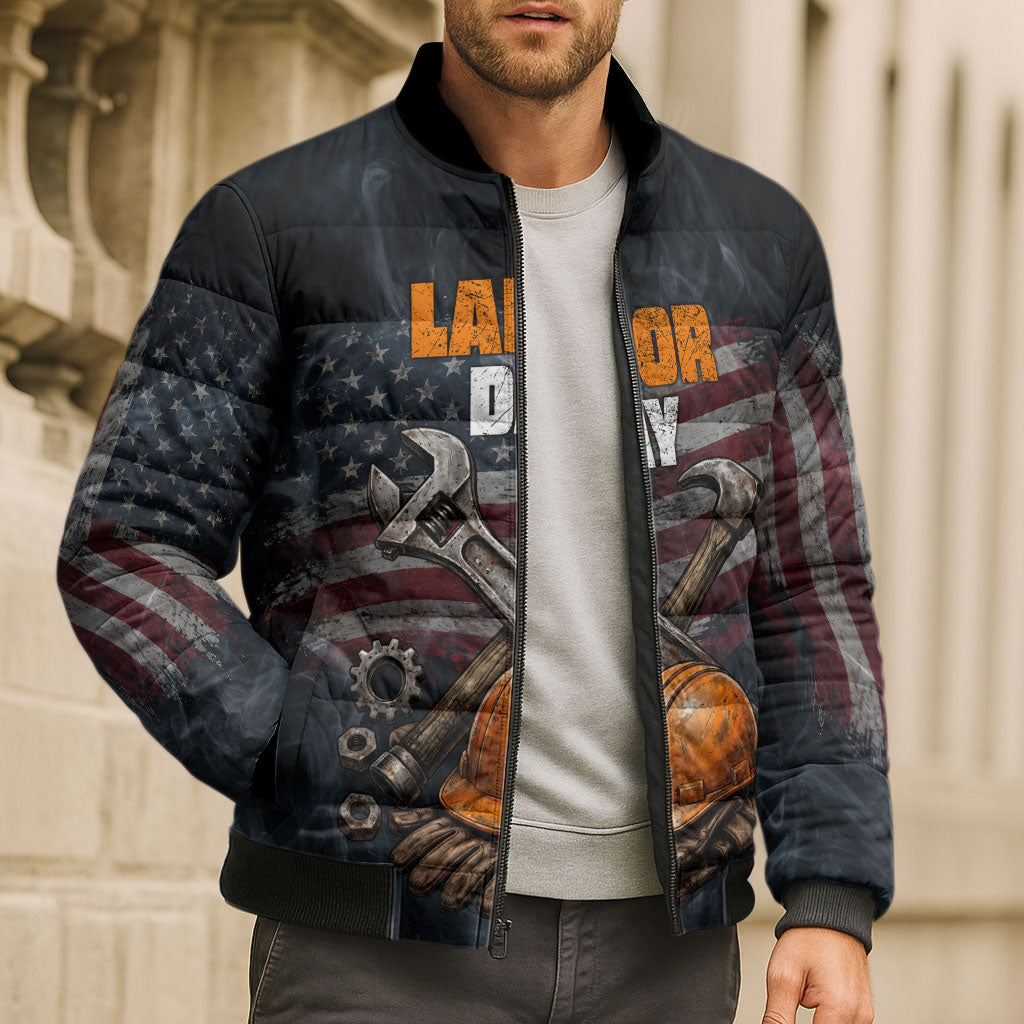 Labor Day Bomber Puffer Jacket Strong Hands Build Nations Patriotic Grunge Tools