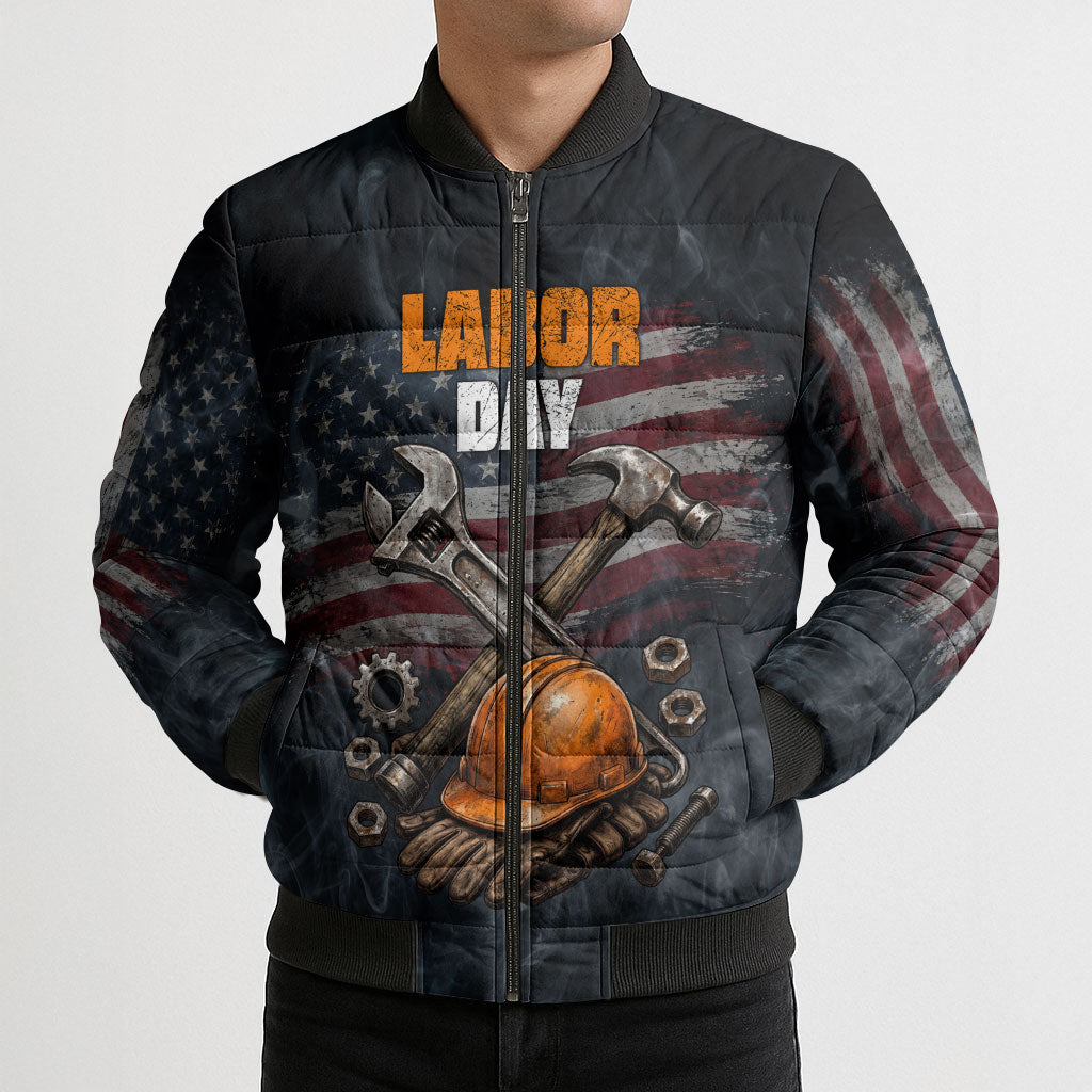 Labor Day Bomber Puffer Jacket Strong Hands Build Nations Patriotic Grunge Tools