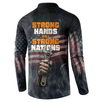 Labor Day Button Sweatshirt Strong Hands Build Nations Patriotic Grunge Tools
