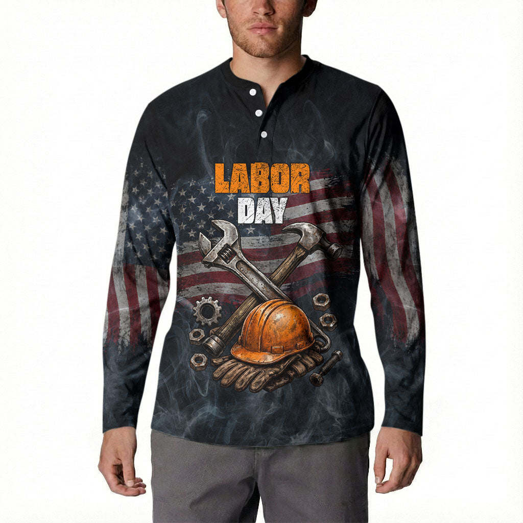Labor Day Button Sweatshirt Strong Hands Build Nations Patriotic Grunge Tools
