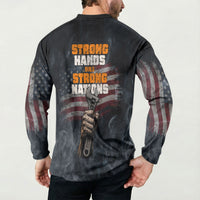 Labor Day Button Sweatshirt Strong Hands Build Nations Patriotic Grunge Tools